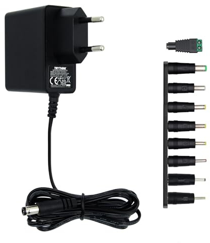 TRYTHINK Alimentation 12V 1A, Transformateur d'adaptateur de Courant AC DC Universel avec 9 fiches DC pour 12V électronique, 1000mA Max.