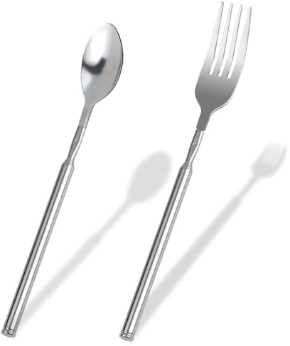 2 stycken utdragbara gaffelskedar, rostfritt stål teleskopgaffel sked med långt handtag, infällbara 22–65 cm, extra långa justerbara gafflar teleskopsked för utdragning, för BBQ rostning frukt dessert