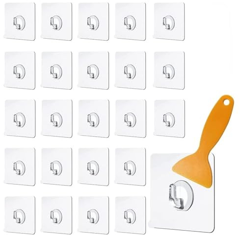 REZSOVEE 24 Pack Clear Adhesive Hooks, Extra Strong Stick on Wall Hooks for Coats, Towels, Keys & More, No Drill, Damage-Free Hanging for Bathroom, Kitchen, Office, Closet