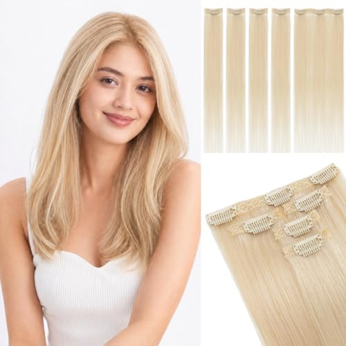 SEGOHAIR Clip in Extensions Echthaar, Glatt Clip Hair Highlights Haarverlängerung Natürlich für Frauen Damen 5-teiliges Set (1 großes Teil + 4 einzelne Clips)#60 Platinblond 30cm 38g