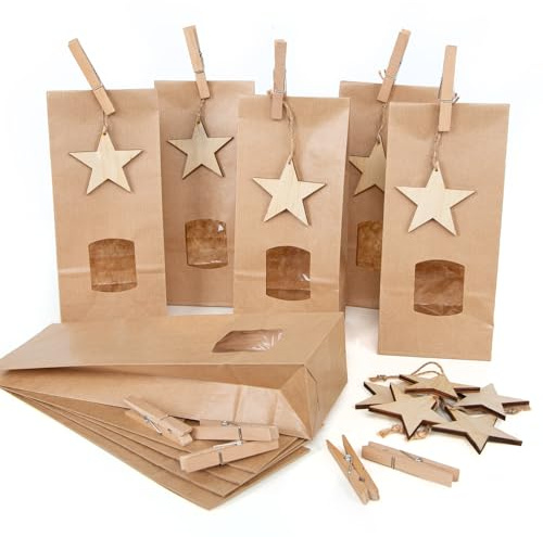 Logbuch-Verlag 20 Papiertüten mit Fenster & Folie 10,5 x 6,5 x 29 cm + Holzsterne Anhänger + Holzklammern - Verpackung Plätzchen