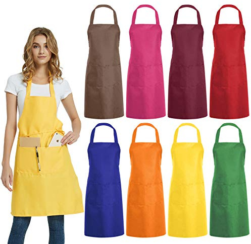DUSKCOVE 8 PCS Plain Bib Aprons Bulk - Mixed Color Commercial Apron with 2 Pockets for Kitchen Cooking Restaurant BBQ Painting Crafting