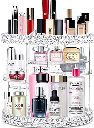V-HANVER Acryl Make-up Organizer, Kosmetik Aufbewahrung, Vanity Parfüm Halter in Arbeitsplatte Badezimmer Kommode, 360 rotierenden Make-up Stand für Beauty Caddy Hautpflege, Clear & Diamond Pattern