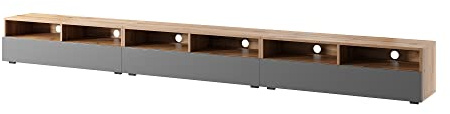 Selsey REDNAW - TV-Schrank/modernes TV-Board mit DREI Schubladen, stehend/hängend, 300 cm breit (Wotan Eiche Matt/Grau Hochglanz ohne LED)