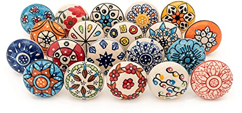 ETHNICITI 20 x Multicolour Flower Handpainted Round Ceramic Door Knobs Cupboard Drawers Cabinets Wardrobe Assorted Vintage Shabby Chic Kitchen Bedroom Living Furniture Dresser Pulls Handles Home Decor