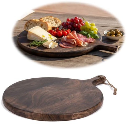 LS-LebenStil Teak Holz Schneidebrett - 40cm - mit Griff - Rund - Pizzateller Vesperbrett Tranchierbrett Massiv Servierbrett Küchenbrett Käsebrett Wurstbrett Serviertablett Schneidebrett Servierbrett