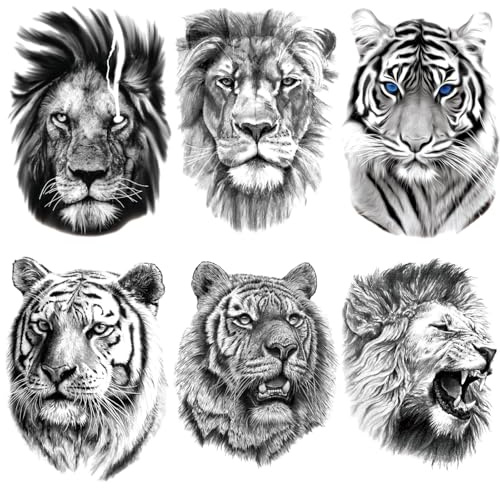 AIBAOBAO 6 Blatt Löwe Tiger Tiere Temporäre Tattoos, 3D Klebe-Tattoos, Aufkleber Löwe Tiger Tattoo Sticker für Männer Frauen, Wasserdicht Schwarz Schmerzlos Fake Tattoo Karosserie Rücken Arme Brust