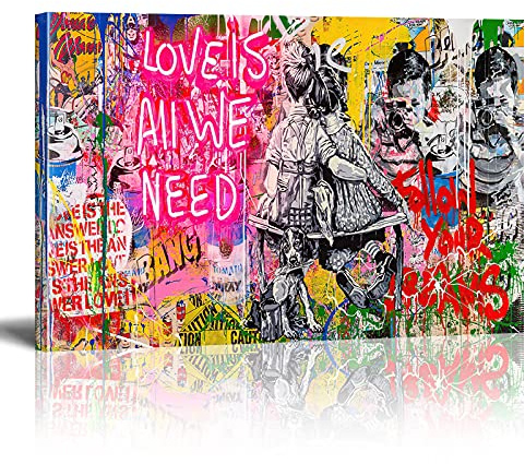 Banksy Kunst auf Leinwand Bild Love is All We Need Graffiti Street Art Wand Bild Pop Art Gemälde Kunstdruck Modern Wandbilder XXL Wanddekoration Mit Rahmen (80x60cm)