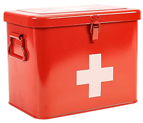 Xbopetda First Aid Kit, First Aid Medicine Supplies Bin - 2-Tier Metal Medicine Storage Tin, Samll First Aid Box with Removable Tray for Home & Workplace Emergency Tool Set - Red