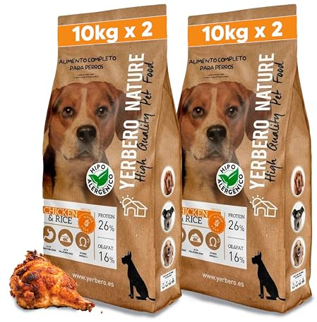 Yerbero Nature Chicken & Rice Pienso sin Gluten con Pollo para Perros, alimento Hipoalergénico con Alta Digestibilidad, Comida Natural y Omega 3 y 26% de Proteína, Pack 2 de 10 Kilos