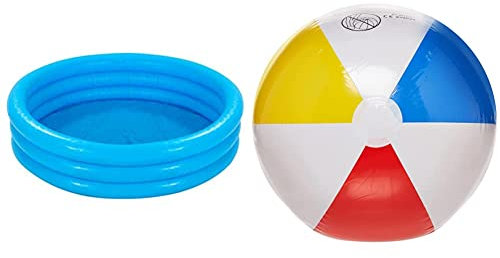 Intex 59416NP Crystal Blue Three Ring Inflatable Paddling Pool 1.14m x 25cm & Glossy Panel Ball - Inflatable Water Ball/Beach Ball - Diameter 33 cm