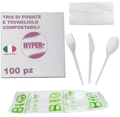 HYPER form Set Posate Biodegradabili e Compostabili Tris Forchetta Coltello Cucchiaio e Tovagliolo 100 Pezzi