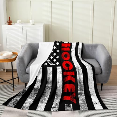 Ice Hockey Throw Blanket Queen 90x90,Puck Hockey Sport Games Blanket for Kids Boys Teens Men,Black White American Flag Fleece Blanket,Retro United States Flag Flannel Blanket Living Room Decor