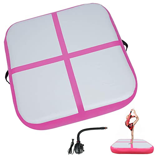 UVCMDUI Turnmatte 1mx1m, Aufblasbare Gymnastikmatte Tumbling Track mit Luftpumpe, Sportmatten Fitness-Matte 10cm/20cm Dick für Zuhause, Gymnastik, Yoga,Rosa,1x1x0.2m
