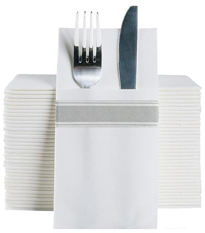 DADAWU Disposable Napkins with Pre-folded Utensil Pocket for Cutlery,Thick Absorbent Durable Wood Pulp, Silver Print, Suitable for Dinner Birthday Party BBQ Wedding Table Setting,50pcs