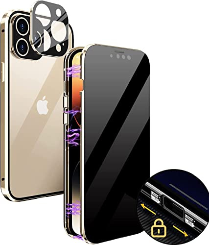 MIMGOAL Hülle für iPhone 12 Pro Max Anti Spy Magnetisch Gold | Sichtschutz Bis 25 Grad, Gehärtetes Glas Vorne Und Hinten, Magnetischer Metallrahmen, Integrierter Kameraschutz