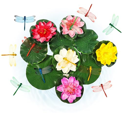 Zeyune 22 Pcs Realistic Artificial Floating Lotus Foam with Artificial Butterfly Dragonfly Frog Fake Lily Pads for Home Pool Patio Garden Koi Fish Pond Aquarium Pool Wedding Fountain Decor (Dragonfly)