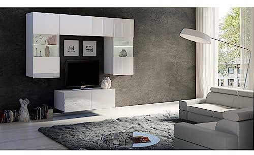Lomadox Wohnwand Anbauwand weiß Hochglanz 4-teilig Modern, mit 1 TV-Lowboard, 2 Hängevitrinen mit Beleuchtung, 1 Stauraumschrank