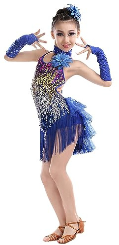WISREMT Ragazza Paillettes Nappa Latino Danza Vestito Senza Maniche Frange Flapper Abito tutù Gonna Sala da Ballo Rumba Performance Costume