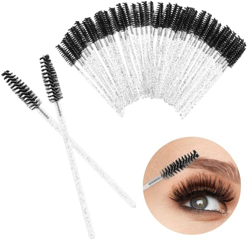 50 Pièces Brosses à Cils Jetables, Pinceaux à Cils Jetables, Brosse à Sourcils, Brosse Cils, brosse extension cils jetables kit, Maquillage Mascara Brosse à Sourcils Applicateur Poignée en Cristal