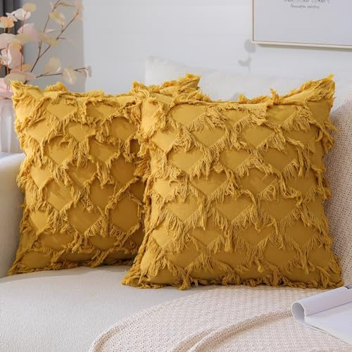 JOTOM Juego de 2 fundas de cojín de lino de 45 x 45 cm, diseño de borlas, fundas de almohada cuadradas para sofá, dormitorio, sofá, decoración de silla del hogar (amarillo)