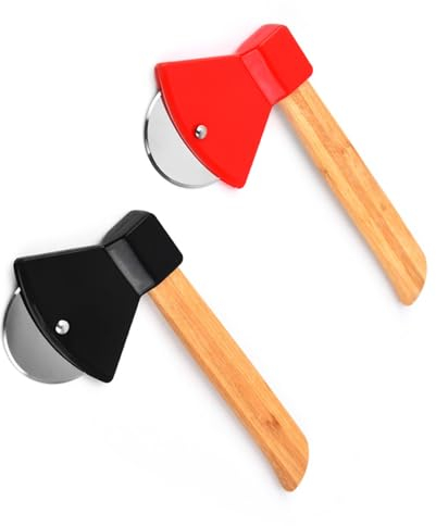 2Pcs Durable Axe Pizza Wheel Slicer Sharp Non-Slip Stainless Steel Axe Pizza Cutter Professional Pizza Cutter with Bamboo Handle for Pizza Bread Cakes