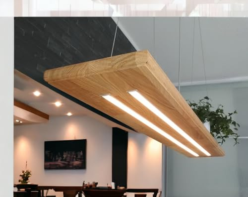 FRIESENLICHT EMMA Hängelampe Edles Design Pendelleuchte Holz Eiche Hängeleuchte Leuchte Esstisch Eiche Massiv Dimmbar (120cm/2 LED-Leisten unten/1 LED Leiste oben)