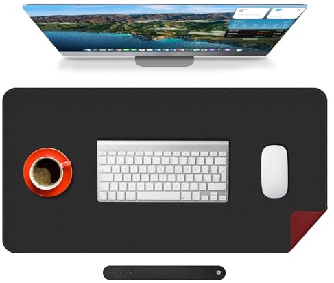 Mouse Mat Large Non-Slip Waterproof PU Leather Stitched Edges Mouse Pad for Desk Writing Home Office (Black+Red90, 90 * 40)
