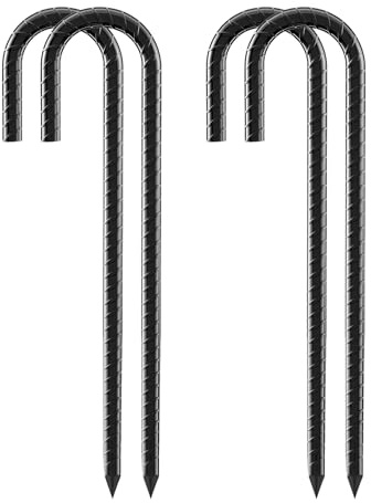 Necneecu 4er Set Bodenanker Verzinkt 30cm – Extrem Stabile J-Haken Erdnägel aus Stahl mit Gerippter Oberfläche für Trampolin, Zelte, Schaukeln, Zäune & Fußballtore – Schwarz Beschichtet