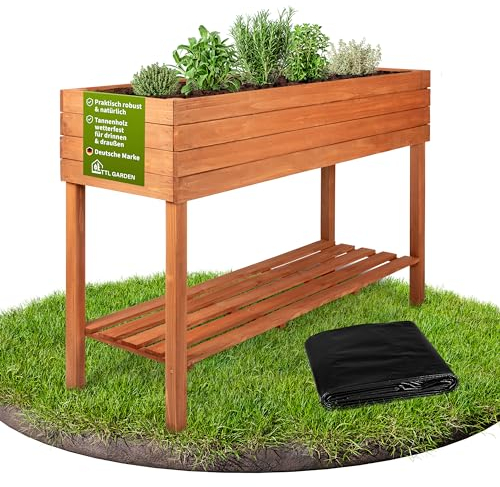 TTL GARDEN Balkon Hochbeet XL 120x40x80cm aus Holz - Pflanzkasten & Blumenkasten mit Ablageboden & Folie - Tannenholz wetterfest - Pflanzbeet Kräuterbeet Blumenbeet für Garten Balkon Terrasse Braun