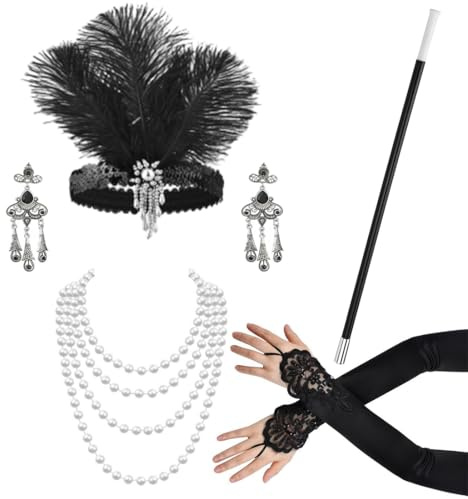 20er Jahre Accessoires, Gatsby Accessoires Damen Stirnband Perlenkette Ohrringe Lange Handschuhe Zigarettenspitz, 1920 Charleston Accessoires Halloween Kostüm Fasching Accessoires