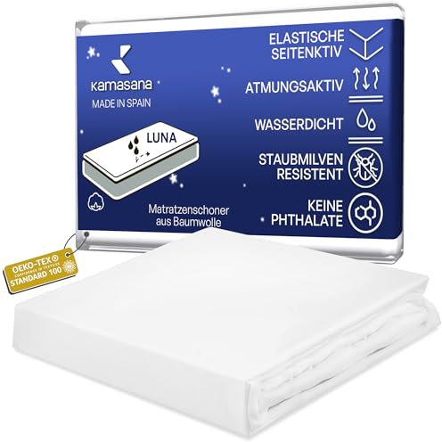 KAMASANA Matratzenschoner wasserdicht 90 x 200 - Baumwolle, atmungsaktive Matratzenauflage, Oeko-Tex Zertifiziert, Anti-Allergie, Anti-Milben, Spannbettlaken, geräuschlos, ohne Knistern