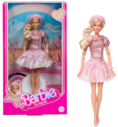 Barbie-Puppe zum Spielfilm, Margot Robbie als Barbie, Sammelfigur in rosafarbener Bluse und Tüllrock, mit gestylter Frisur und passendem Schmuck, JBJ53
