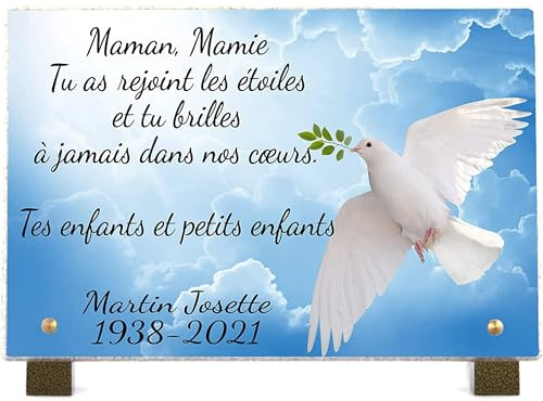 PHENIX | Plaque Funéraire avec Colombe, Plaque Funéraire Colombe Personnalisable en Pierre (39x26 cm) - Texte 100% Personnalisable - Résistante aux UV - Colombe et Rameau d'Olivier