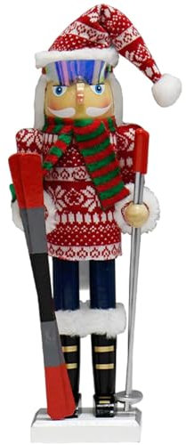 Ghjkldha Schiaccianoci Ornamenti per albero – Ornamenti natalizi in legno – Cappello di Babbo Natale da 38 cm con pupazzo di neve che scia, statuette natalizie in legno a forma di soldato