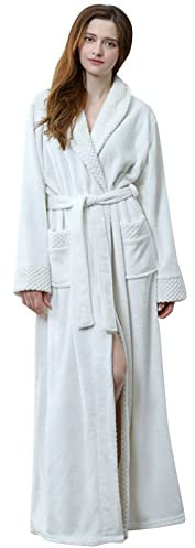 Gemütlicher dicker Sherpa-Bademantel für Damen, langer Wintermantel mit Kapuze, weicher Morgenmantel mit Gürtel, warmer und flauschiger Loungemantel für Damen, volle Länge für Komfort, weiß, 42
