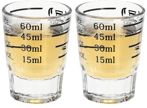 PATIKIL Shot Glass Measuring Cup, 2 Pcs 2 Ounce/60ml Round Clear Heavy Shot Glasses Measuring Cup Espresso Shot Glass with 4 Kinds of Scale for Espresso Liquid Coffee Kitchen Tools, Black