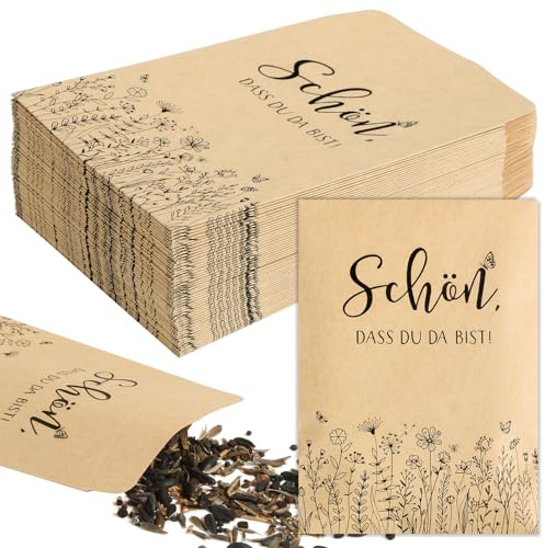 BOFUNX 50 Stück Schön dass du da bist Samentüten Gastgeschenke Hochzeit Blumensamen Geschenktüten Papiertüten Blumensamen Verpackung für Hochzeit Taufe Kommunion Konfirmation Geburtstag