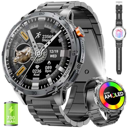Smartwatch Uomo 1.75 HD AMOLED 730mAh Orologio Smartwatch con Torcia LED Militare Smartwatch Compatibile iOS Android (Risposta alle Chiamate Bluetooth) Smart Watch con Sonno/Cardiofrequenzimetro