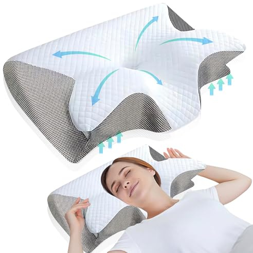 GreatDreams® Almohada Ortopedica Cervicales y Cuello - Almohada Antironquido Ergonómica con Espuma de Memoria - Butterfly Pillow para Dormir de Lado - Alivia Dolor de Cuello y Espalda.