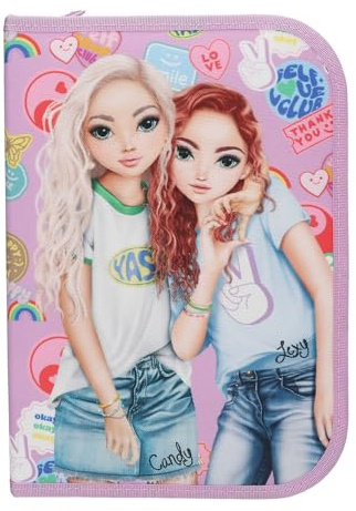 Depesche 13284 TOPModel Girl Power - Gefüllte Federtasche in Rosa, mit Model Motiv und bunten Patches, Federmappe mit Buntstiften, Lineal, Schere uvm.