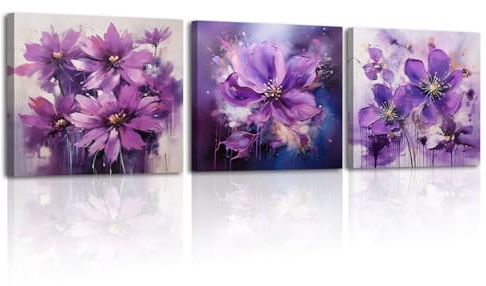 Piy Painting 3er Lila Blumen Floral Leinwand Bilder Wohnzimmer Romantische Blüte Wandbilder Mit Rahmen Abstrakt Kunstdrucke Gemälde Wandkunst Leinwand Malerei Küche Schlafzimmer,30×30 cm