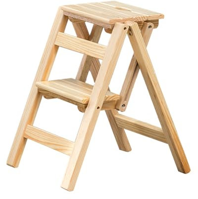 Solid Wood Folding Ladder Stool Folding 3-step Ladder Light And Stable Household Small Ladder Multi-purpose Easy To Move Log Color(Second order)