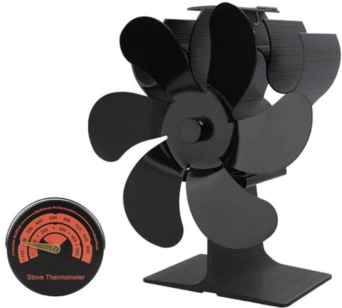 Hxtutglrp Log Burner Fan Silent Operation, 6-Blade Stove Fans Log Burners with Magnetic Thermometer Heat Powered Wood Burner Fans for Wood Burning Stove & Fireplaces (1)