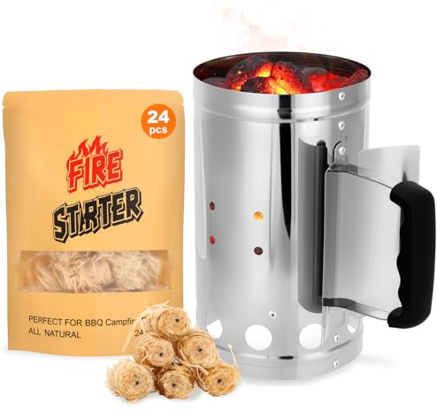 SUNLIFER BBQ Charcoal Chimney Starter Kit: Quick Fire Starters With Natural Wood Wool Fire lighters 24Pcs, Coal Starter for Barbecue Grill (27Cm Height)