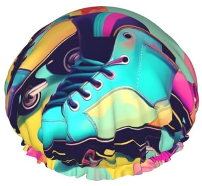 Retro-Rollschuh-Duschhaube mit buntem Druck, weiche Duschhaube für Damen und Herren, wiederverwendbar, leichter Hut und Badehaarkappe