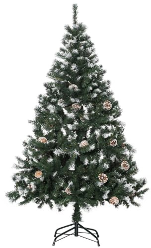 HOMCOM Künstlicher Weihnachtsbaum 150 cm 676 Spitzen inkl. Metallständer | Tannenbaum Künstlich mit Schnee, Christbaum mit 41 Zapfen, Weihnachtsdeko, für Drinnen
