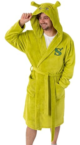 Shrek Accappatoio con cappuccio verde unisex per adulti in pile con orecchie 3D sul cappuccio | Design con iniziale S | Perfetto per rilassarsi a casa o per le serate al cinema
