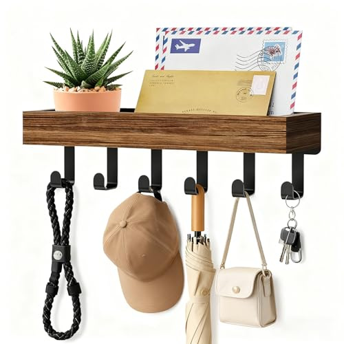 Tablero para llaves con estante, perchero de pared de madera, organizador de llaves de metal con 6 ganchos, barra de llaves, soporte para llaves de pared, almacenamiento para llaves de cocina, pasillo