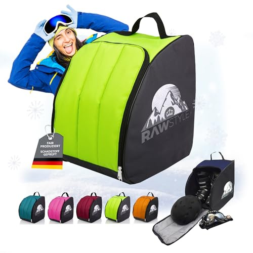 Borsa per scarponi da sci, 40 x 42 x 30 cm, impermeabile, con chiusura lampo, maniglia e spallacci, per scarponi da sci, casco e guanti (nero/verde chiaro)
